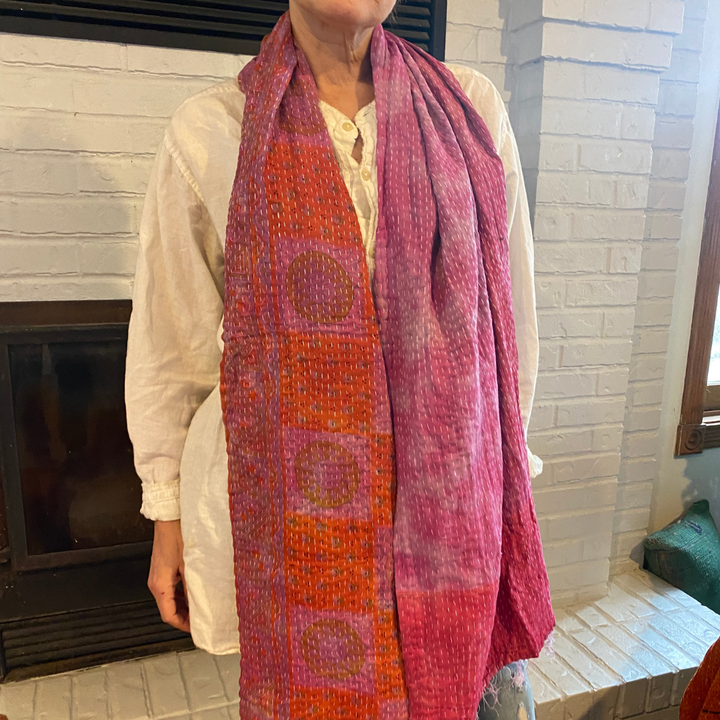 Pink and Red Kantha Scarf - Recycled Sarees