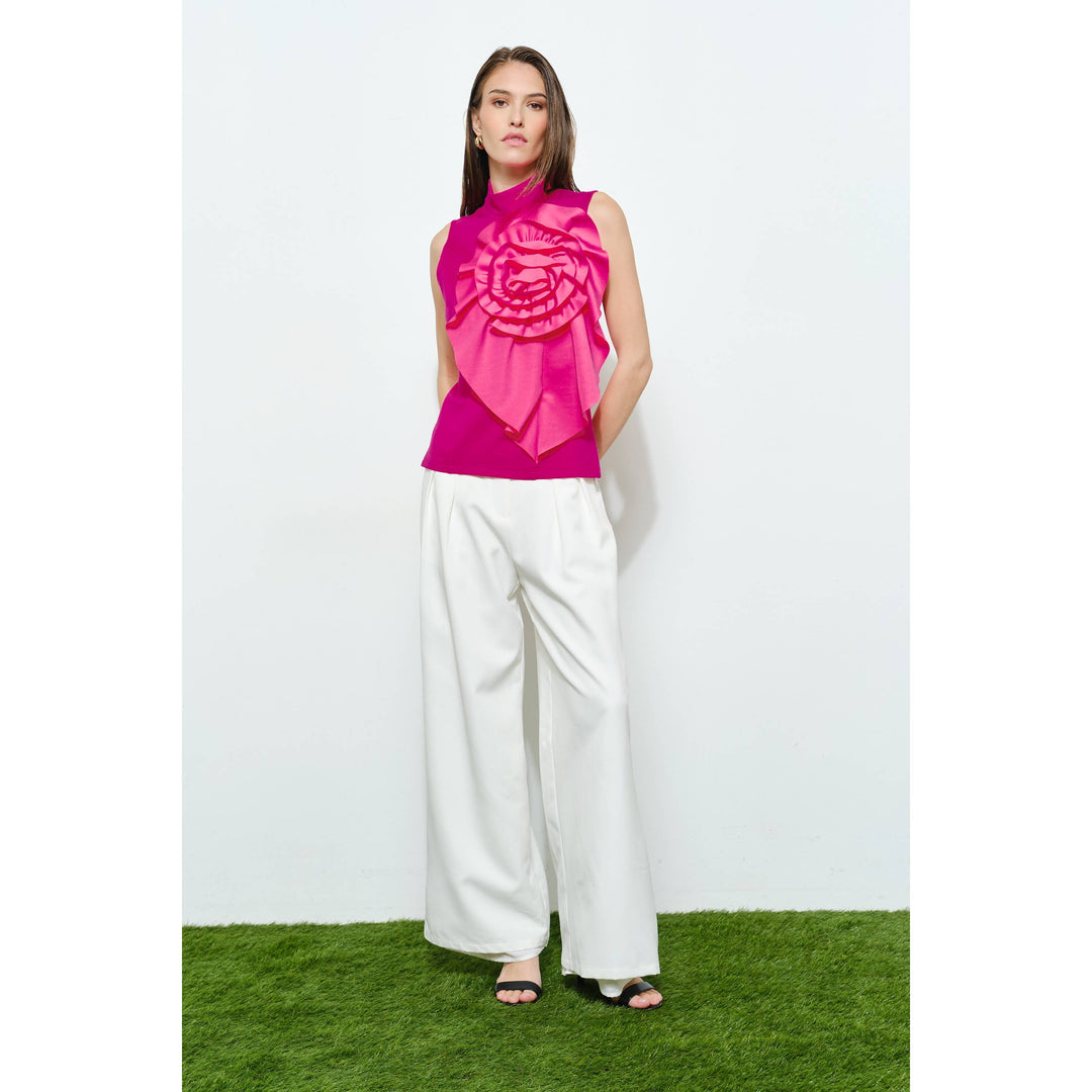 Floral Applique Pleated High-Neck Top