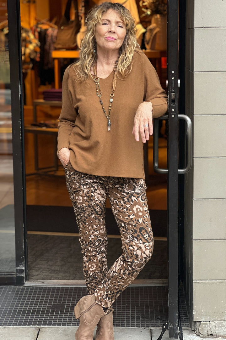 Flora Ashley Italian Print Pant and V Neck Sweater at Adlib Clothing in Asheville, NC