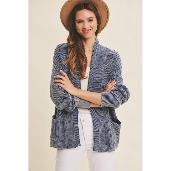 Mineral-Washed Open Front Cotton Sweater Cardigan
