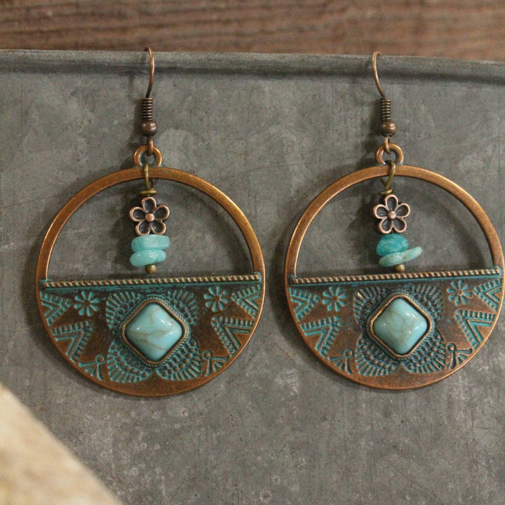 Verdigris Gypsy Turquoise Nugget Copper Hoop Earrings