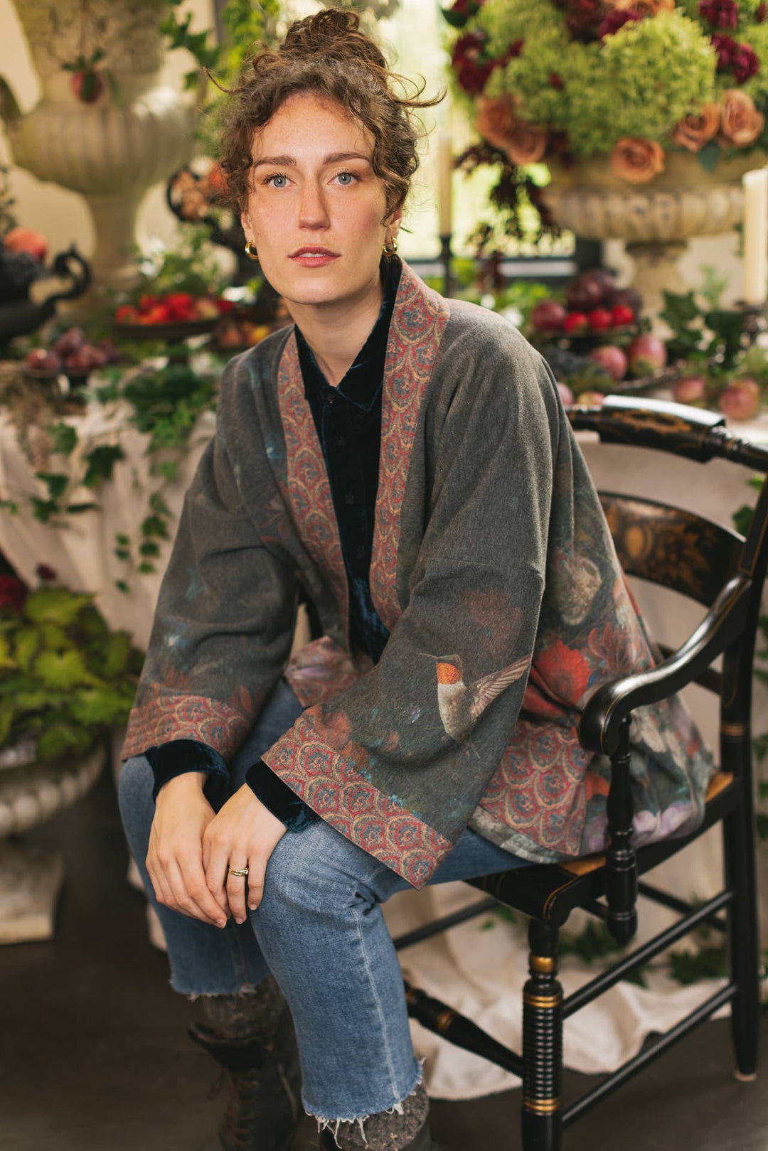 Flight of Fancy Fleece Cottage Cardigan Jacket w/Hummingbird
