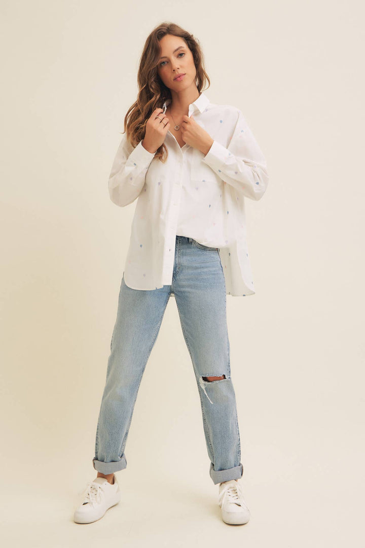 Full of Hearts Embroidery Button Down Long-Sleeved Shirt