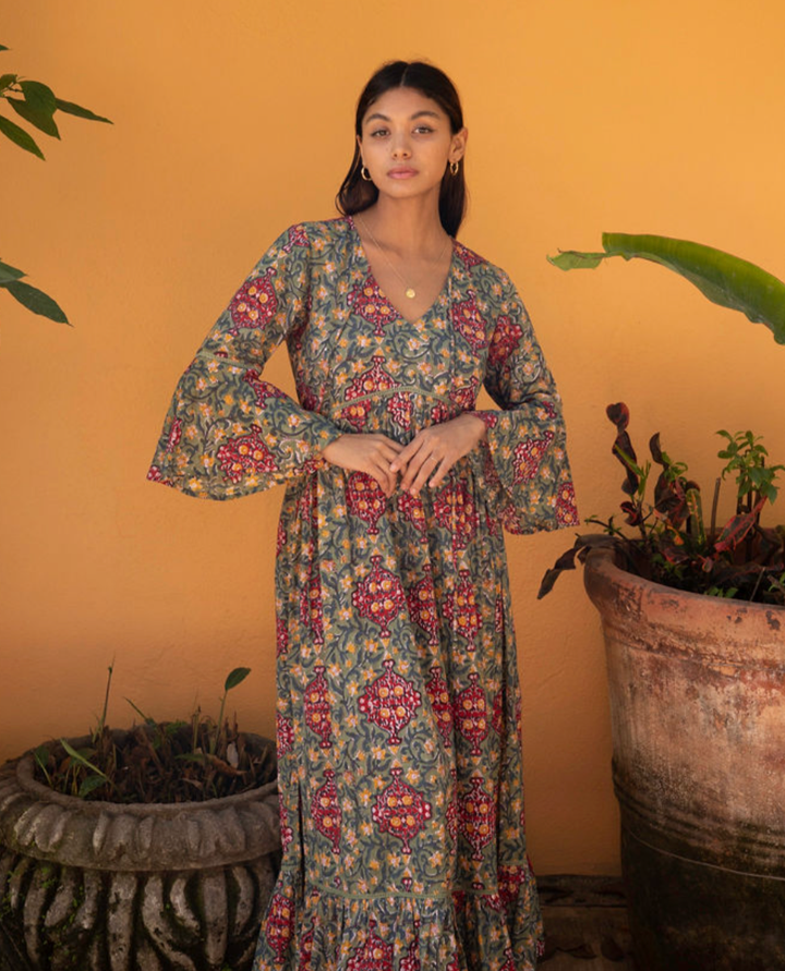 Block Printed Flare Sleeve Maxi Dress with Lace