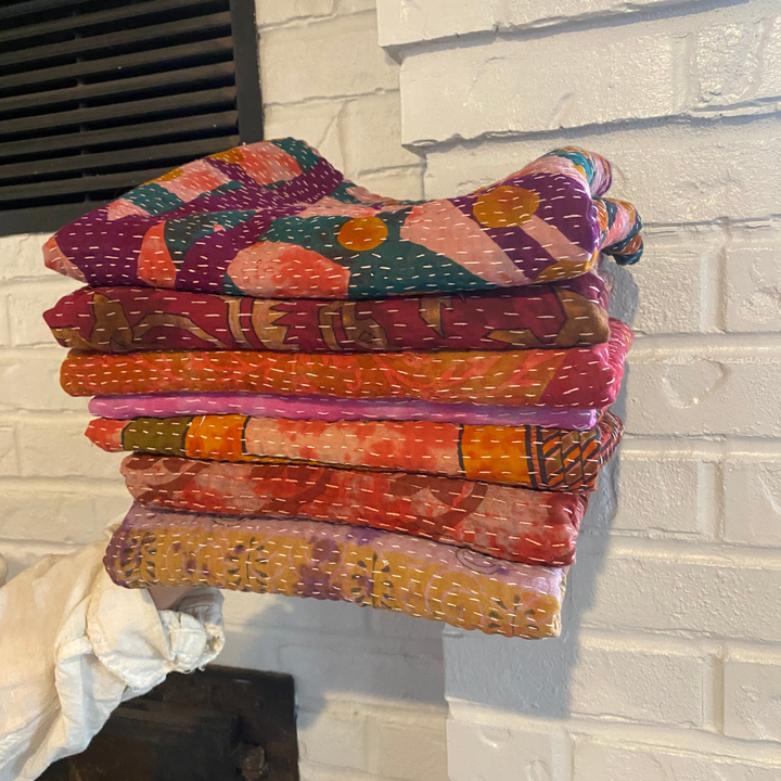 Pink and Red Kantha Scarf - Recycled Sarees