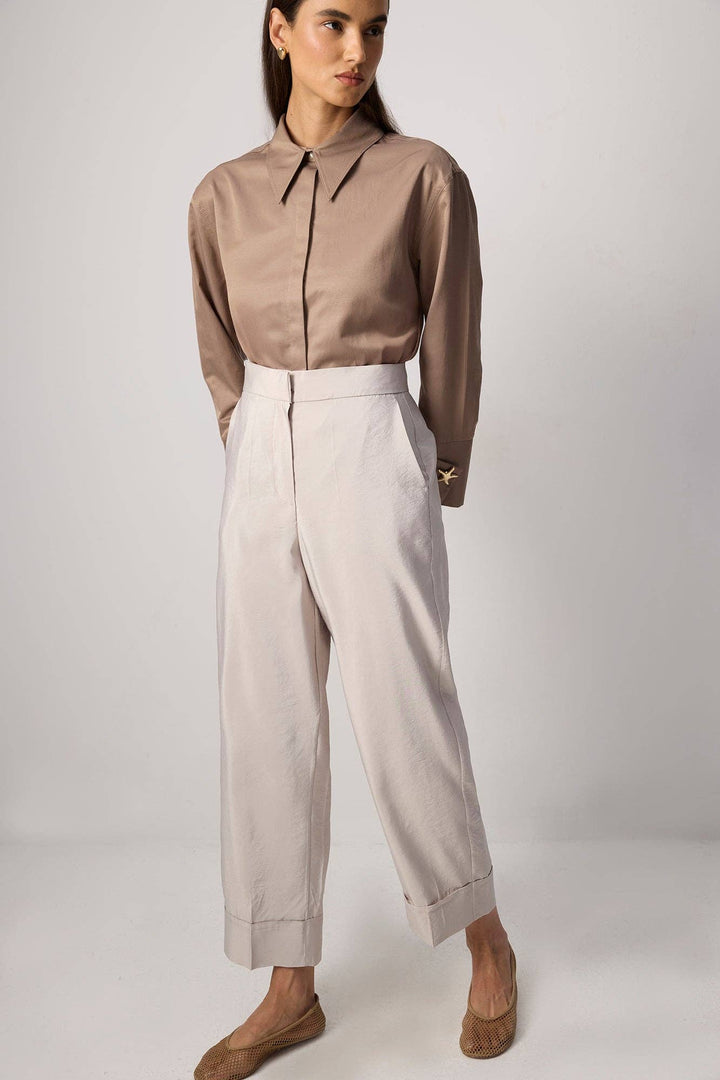 Cupro-Look Wide-Leg Pants with Cuffed Hem
