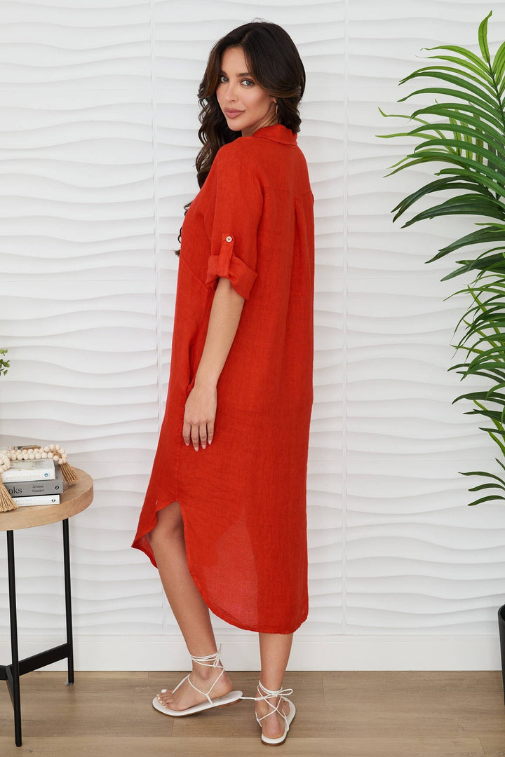 Solid Midi-Length Linen Dress