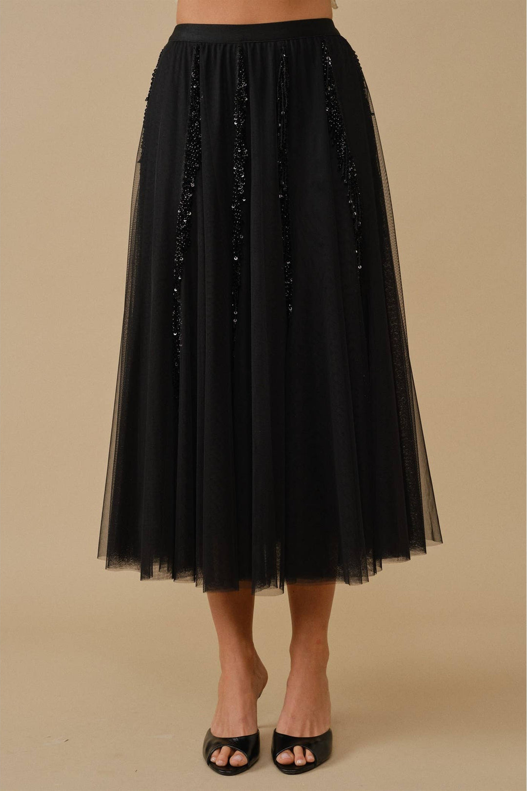 Ethereal Glamour Sequin Panelled Tulle Midi Skirt