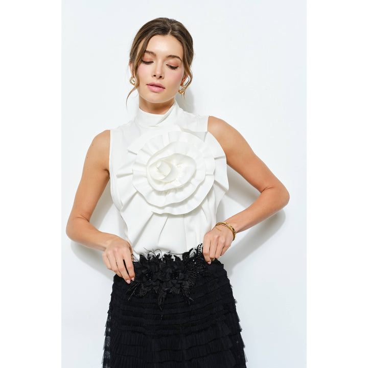 Floral Applique Pleated High-Neck Top