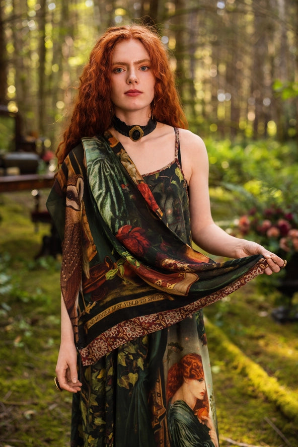 Solstice Bohemian Scarf with Persephone, florals, Moon & Owl
