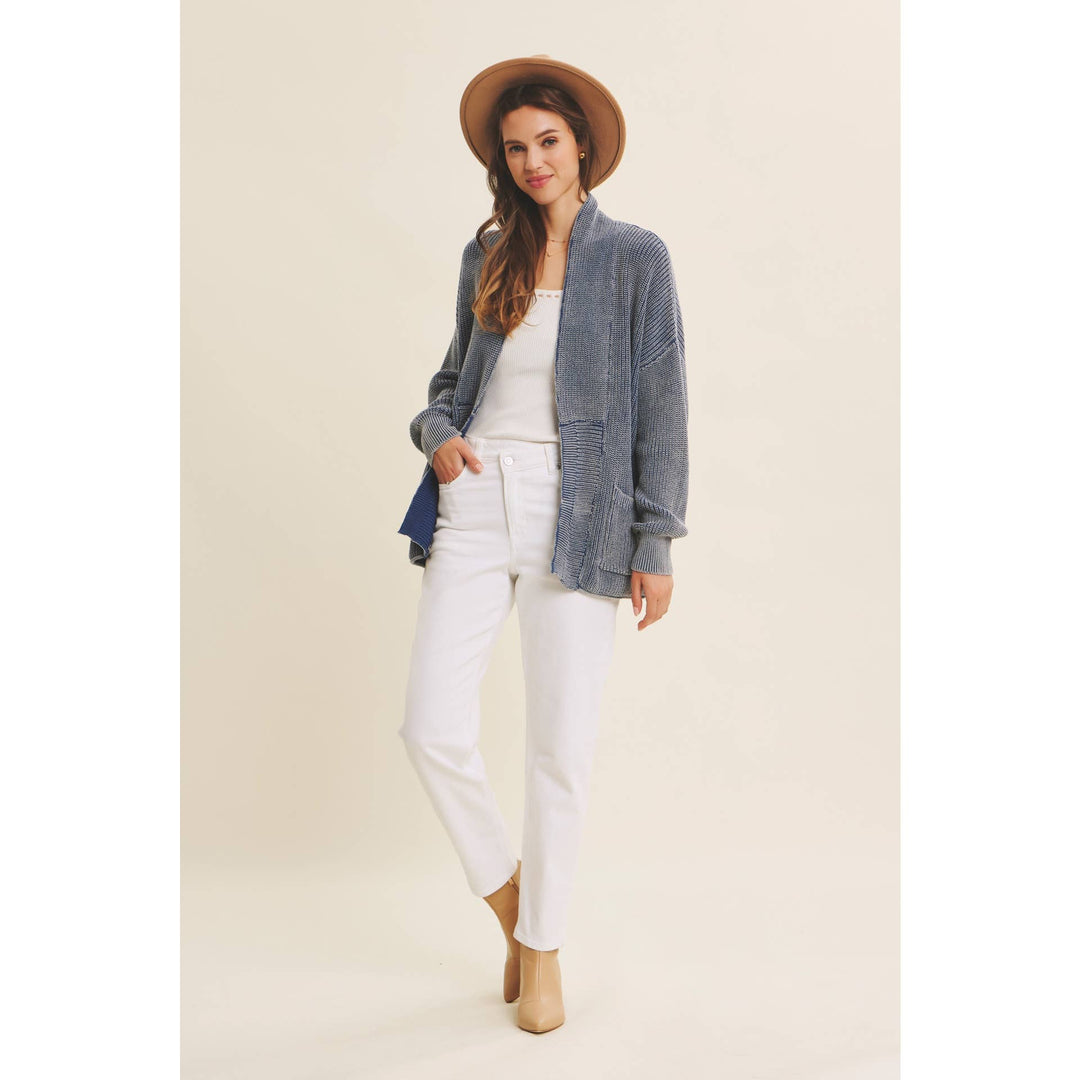 Mineral-Washed Open Front Cotton Sweater Cardigan