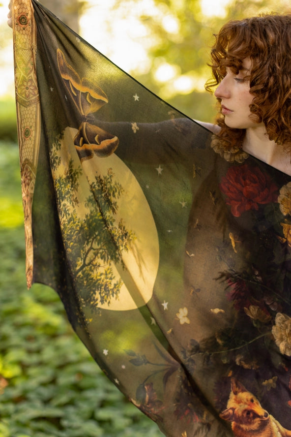 The Messenger Scarf with Joan of Arc, Florals & Fox