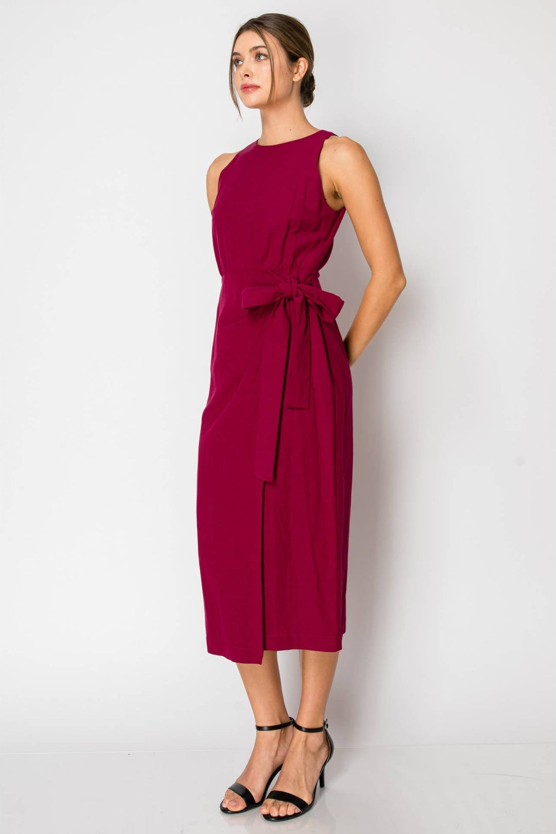draped sleeveless midi dress By Anthropologie Sleeveless Draped-Back Asymmetric Slip Midi Dress