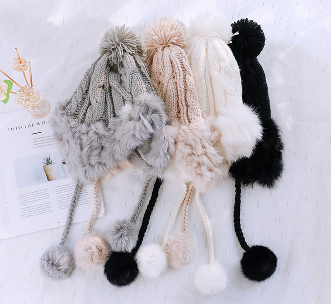 Winter Pompom Beanie Cable Knit Hat with Faux Fur Tie
