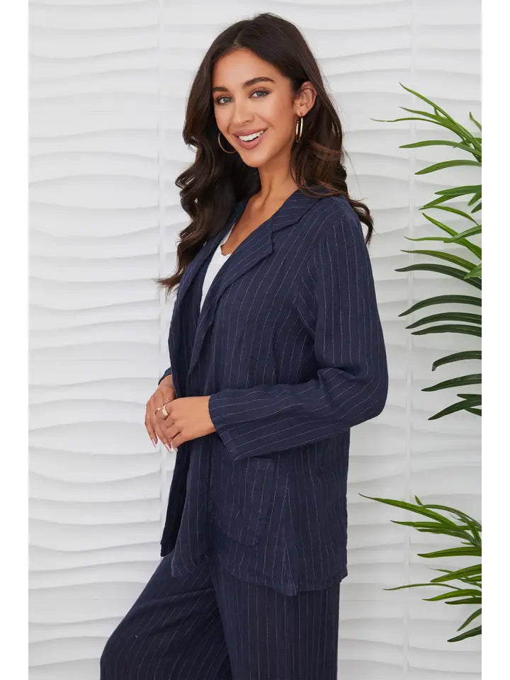 Pinstripe Linen Open Blazer