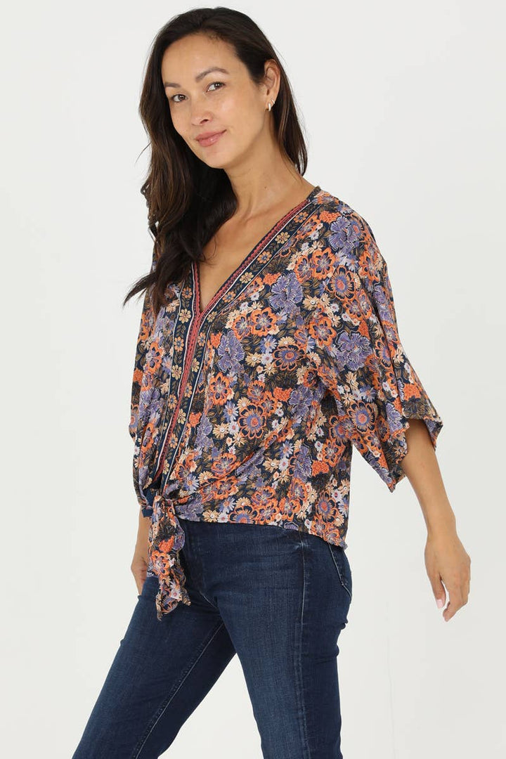 Tie Waist Blouse - Purple and Coral Flowers
