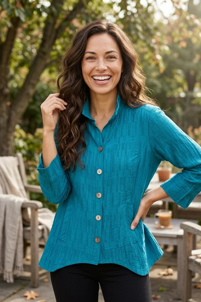 Rayon Jacquard Ruched Collar Shirt