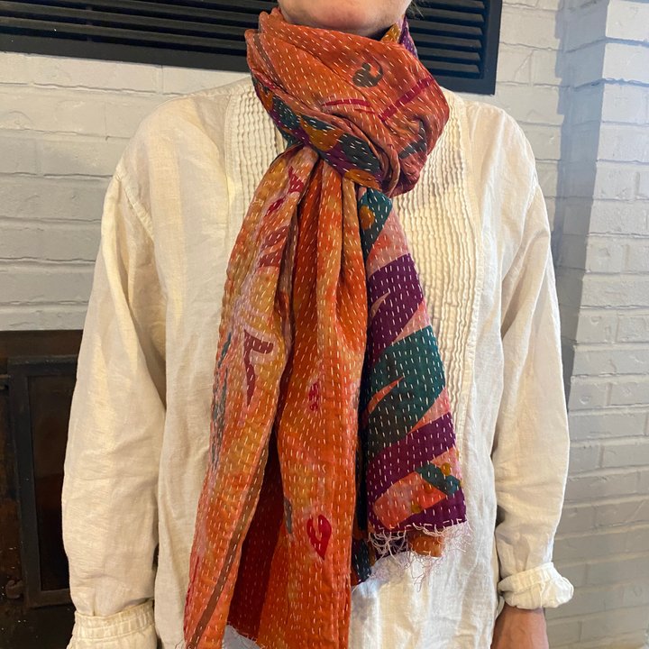 Pink and Red Kantha Scarf - Recycled Sarees