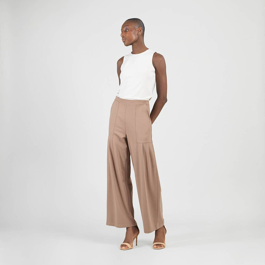 Rayon-Ponte Knit - Pleated Wide Leg Pocket Pant