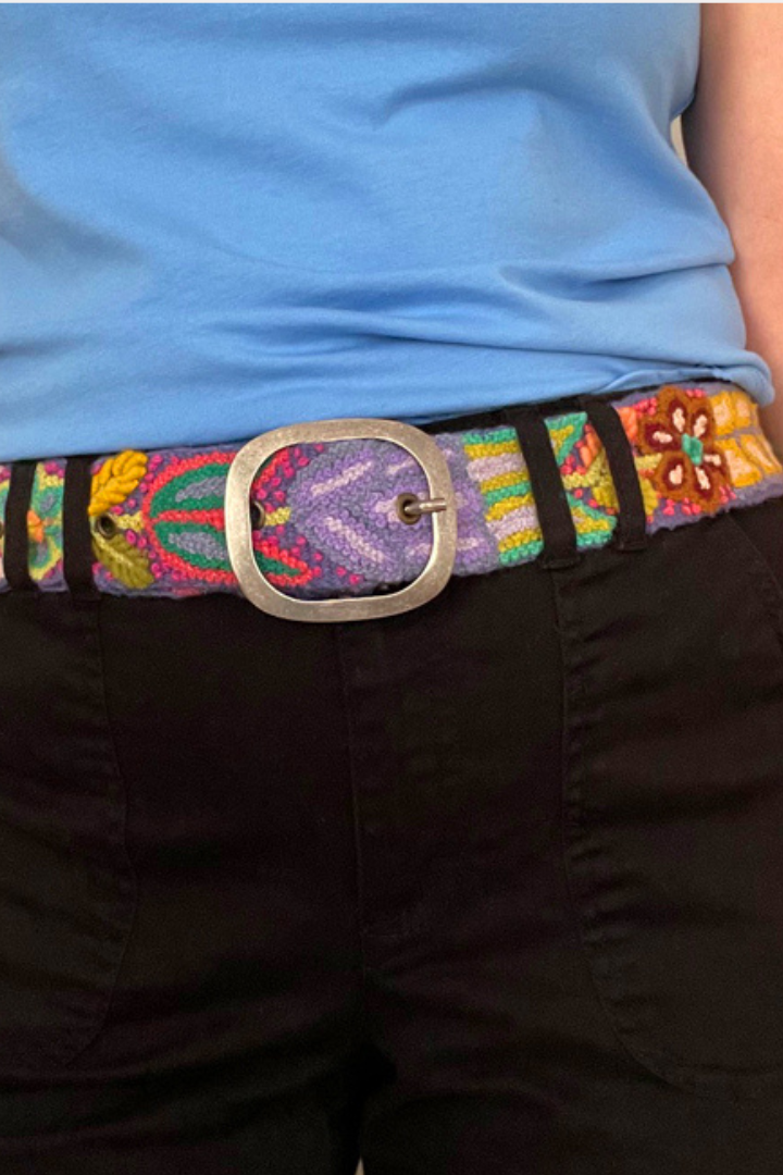 Folklorica Floral Embroidered Wool Belt, Blue
