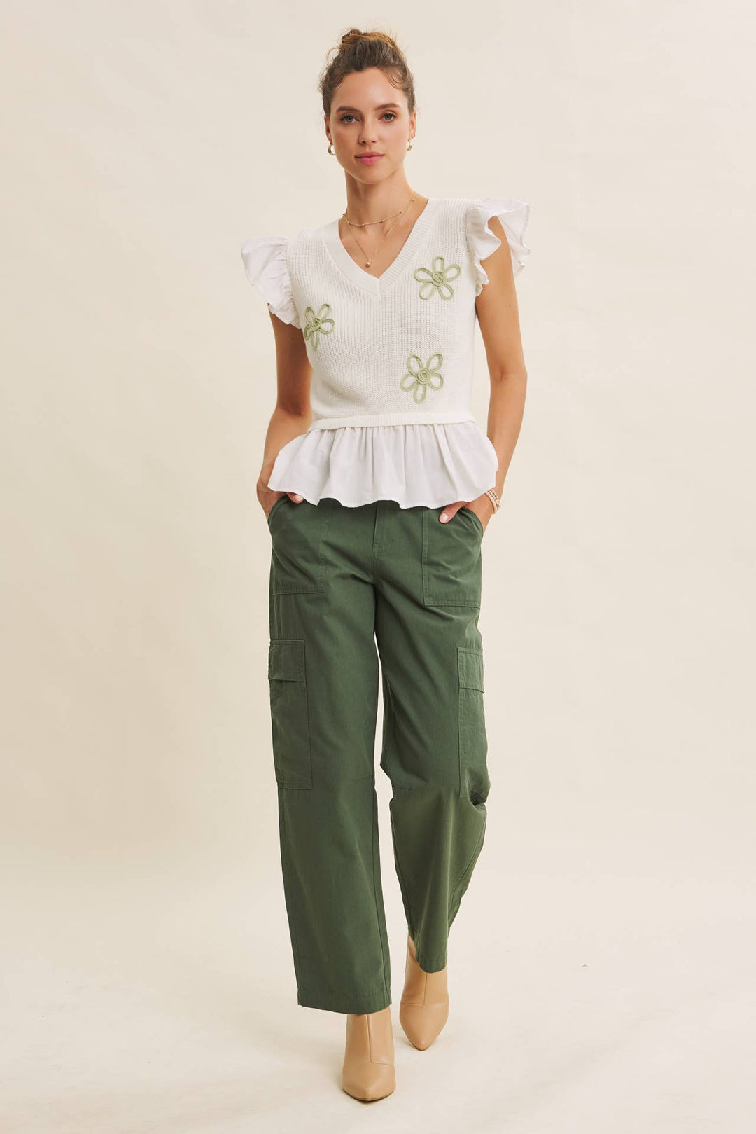 Easy to Love Embroidery Ruffle-Sleeve Mixed Sweater Top