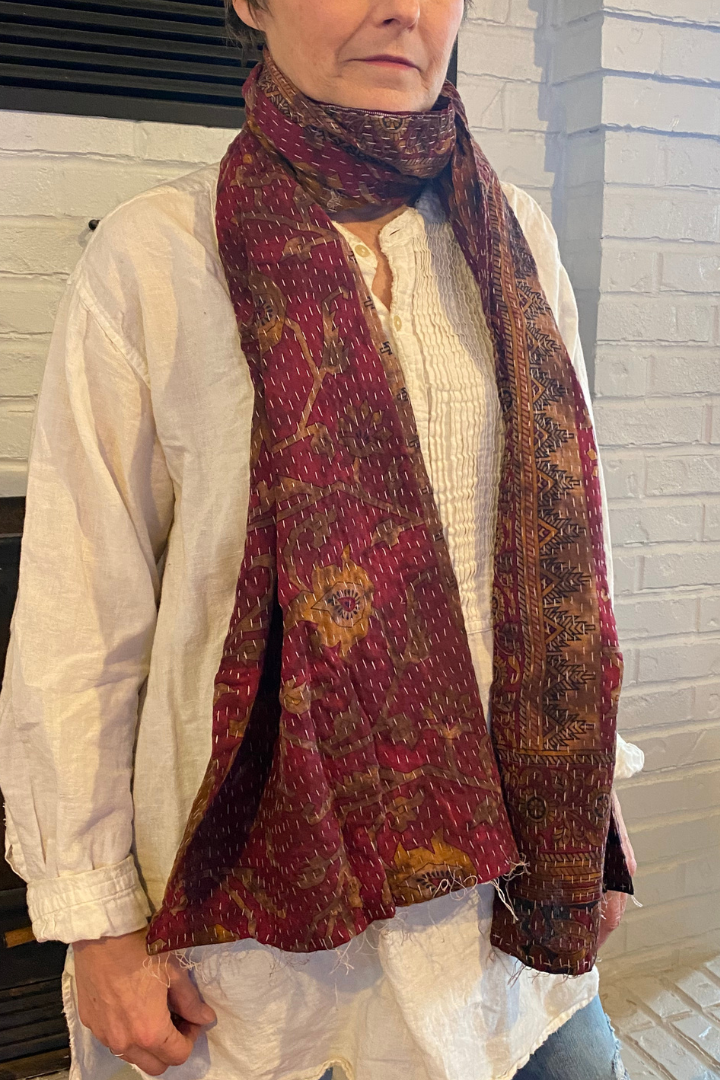 Pink and Red Kantha Scarf - Recycled Sarees