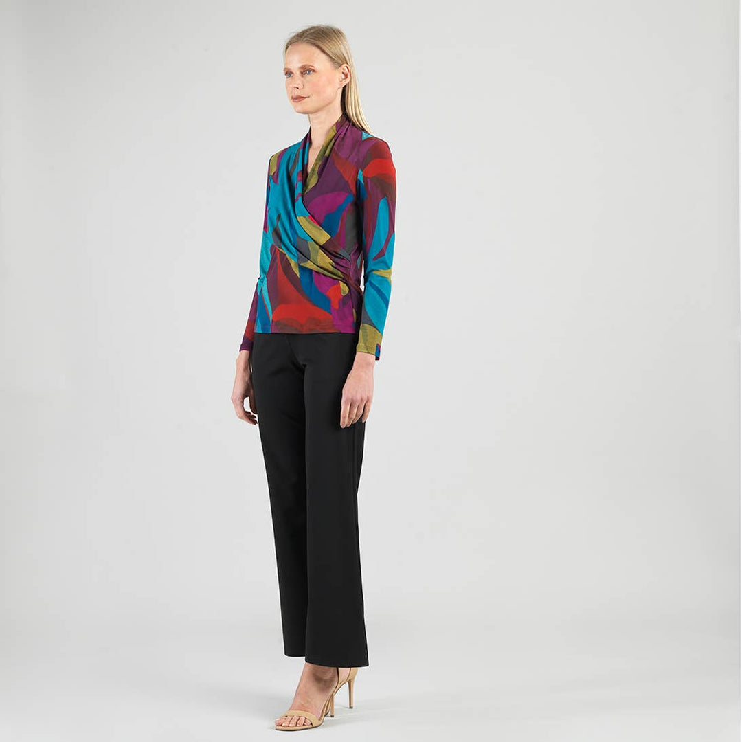 Multi Color Draped V-Neck Ruched Soft Knit Top