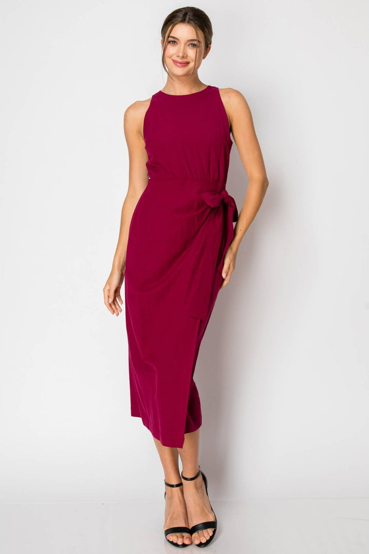 Sleeveless Round Neck Tie-Front Draped Midi Dress