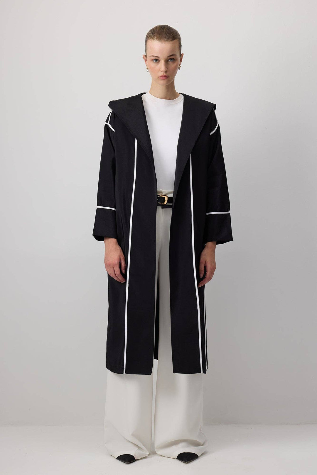Black Hooded Cupro-Look Coat with White Contrast Trim