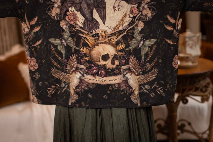 Momento Pixie Duster Crop Kimono w/ Floral, Starling & Skull