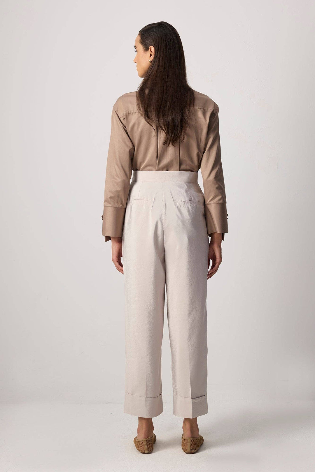Cupro-Look Wide-Leg Pants with Cuffed Hem