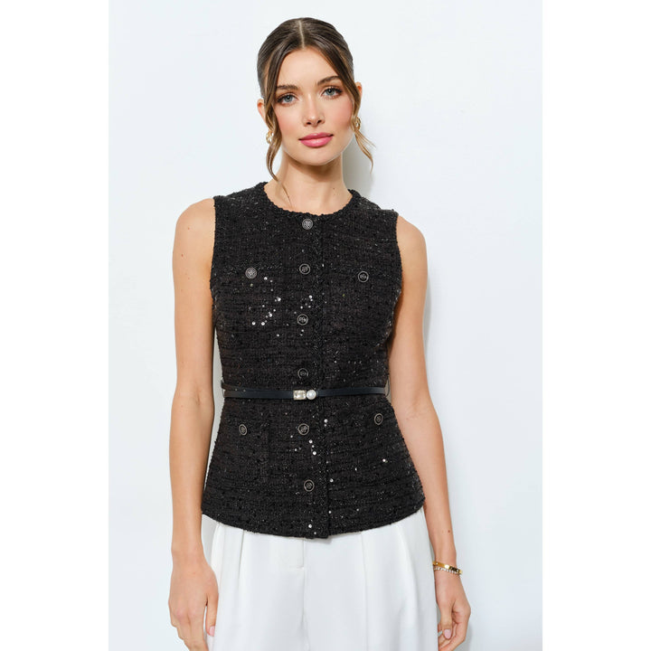 Belted Sequin Tweed Sleeveless Top