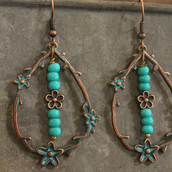 Verdigris Gypsy Deep Turquoise Copper Floral Earrings