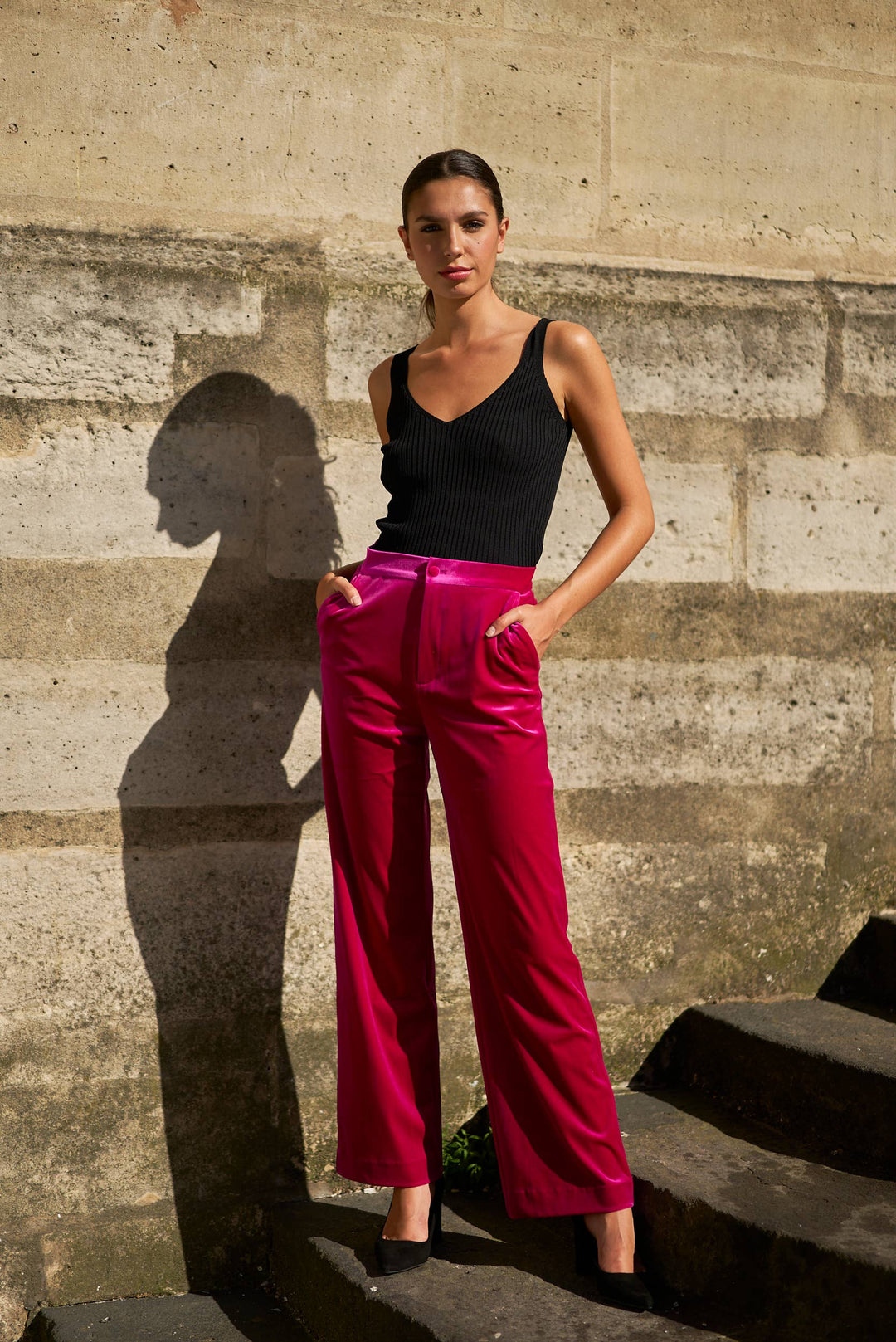 High-Waisted Straight Cut Velvet Trousers