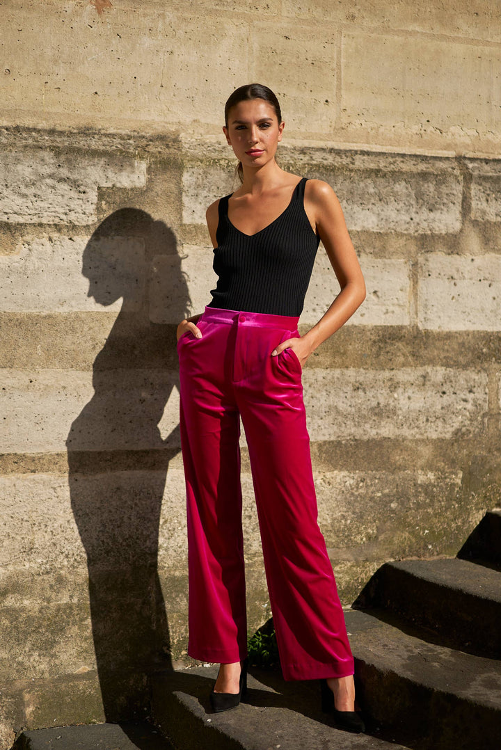 High-Waisted Straight Cut Velvet Trousers