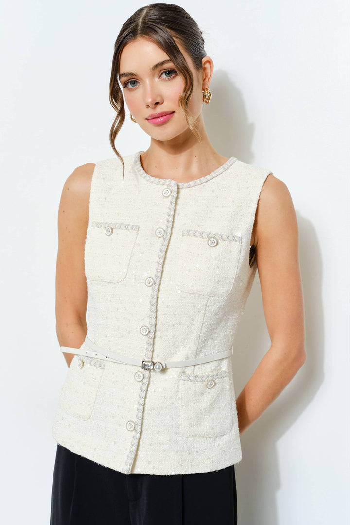 Belted Sequin Tweed Sleeveless Top
