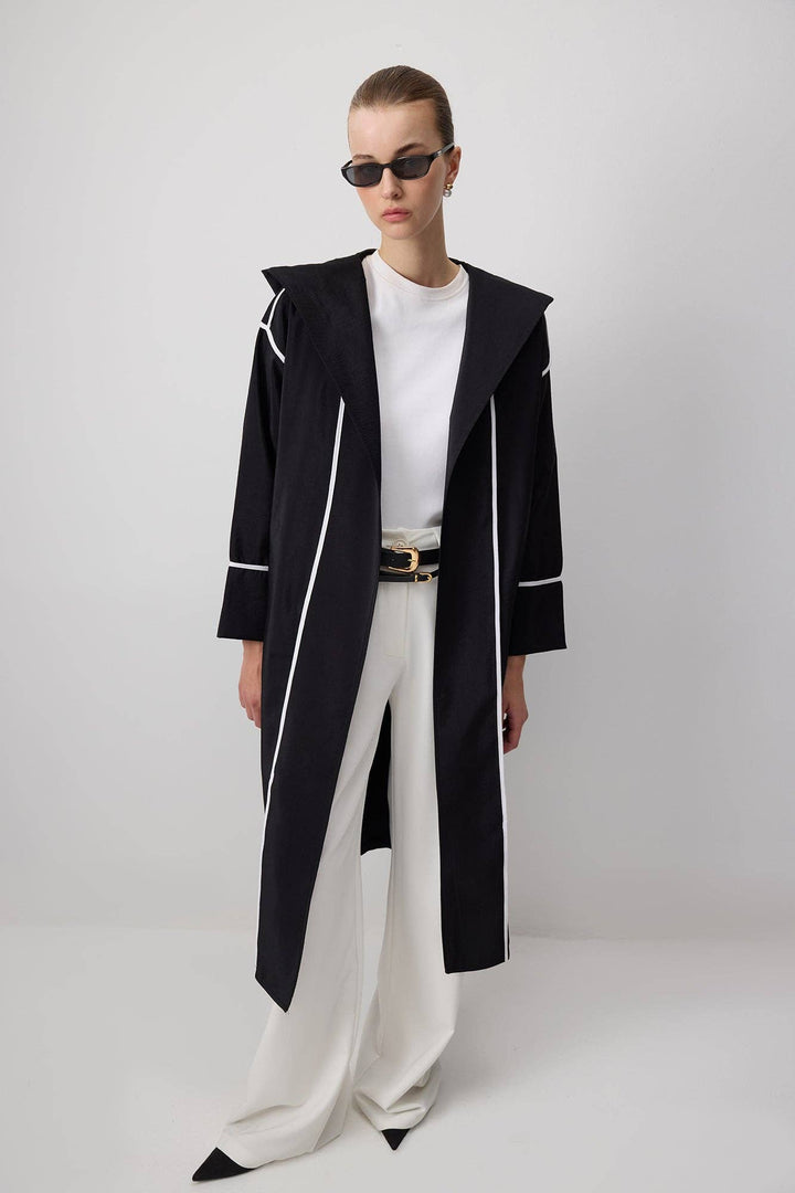 Black Hooded Cupro-Look Coat with White Contrast Trim