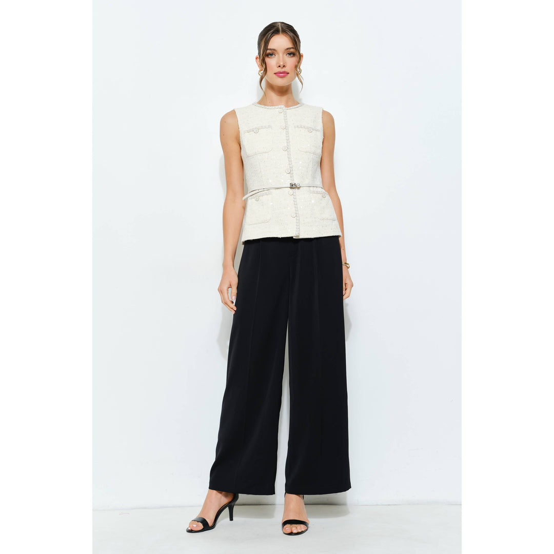 Belted Sequin Tweed Sleeveless Top