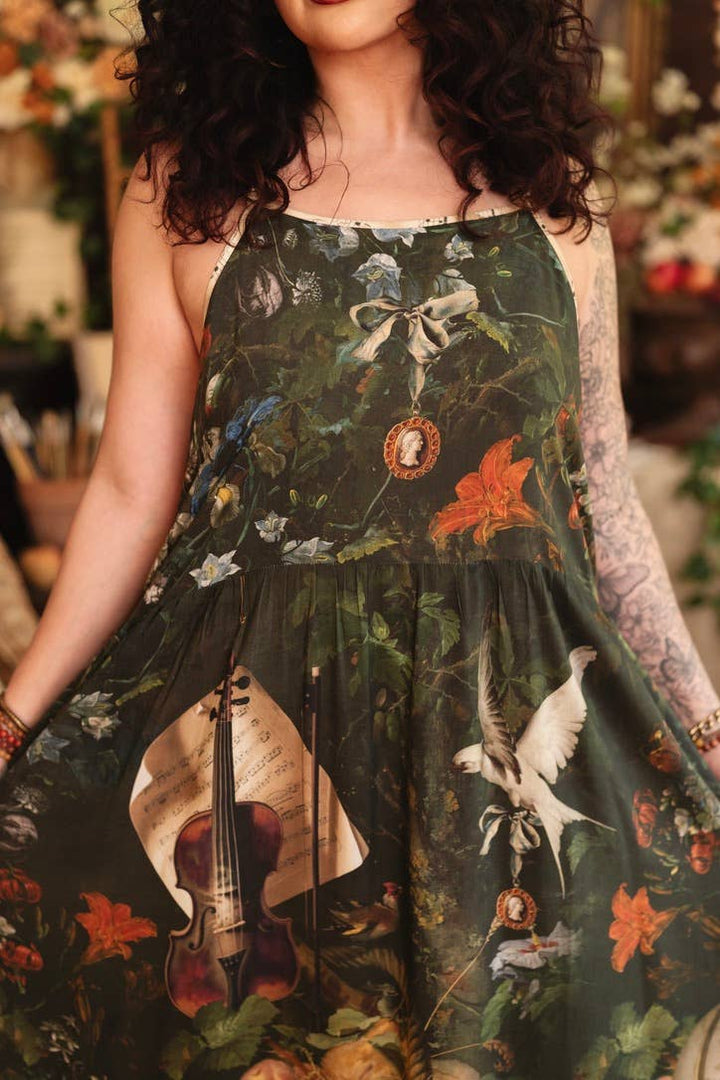 Labour of Love Bohéme Maxi Slip Dress w/ florals & violin