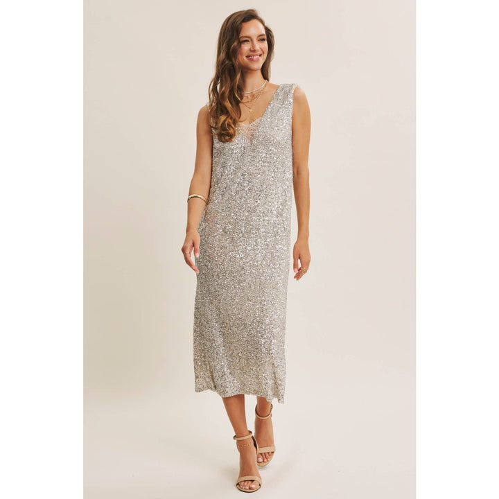 Shimmering Champagne Sequin Lace-Insert Midi Dress