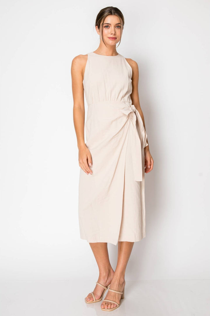 Sleeveless Round Neck Tie-Front Draped Midi Dress
