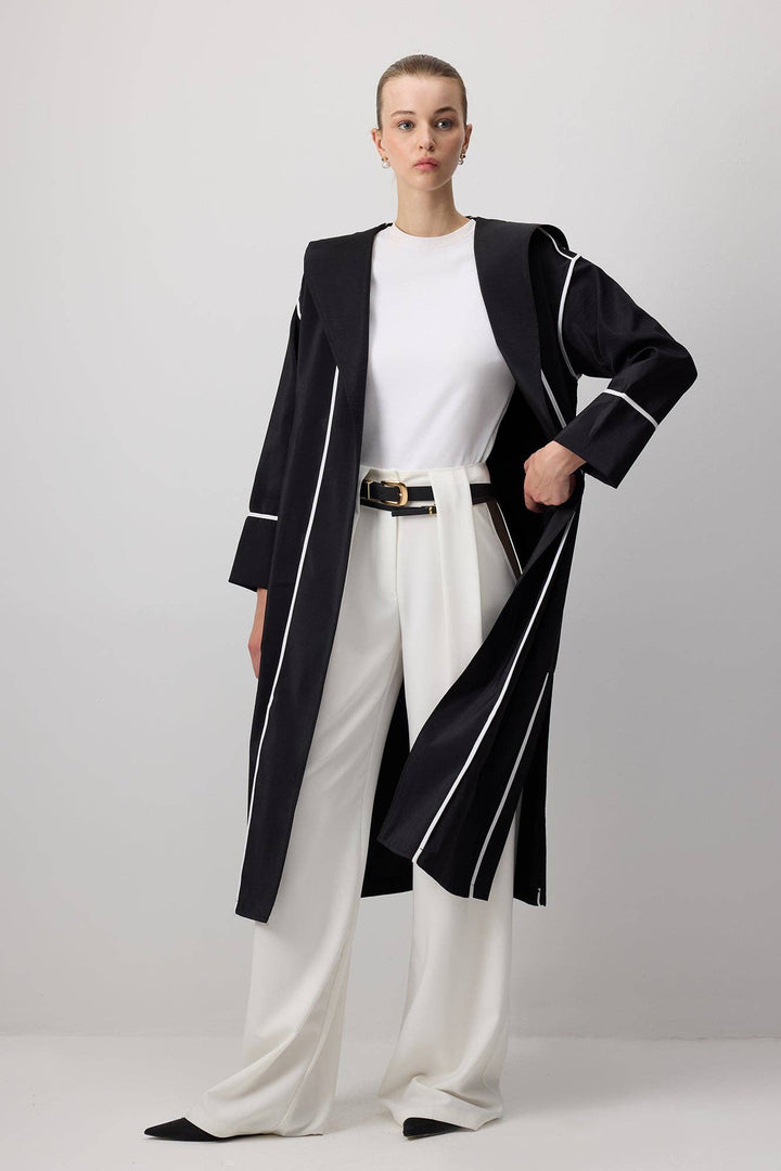 Black Hooded Cupro-Look Coat with White Contrast Trim