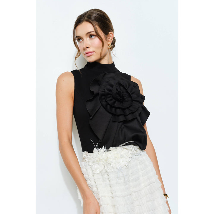 Floral Applique Pleated High-Neck Top