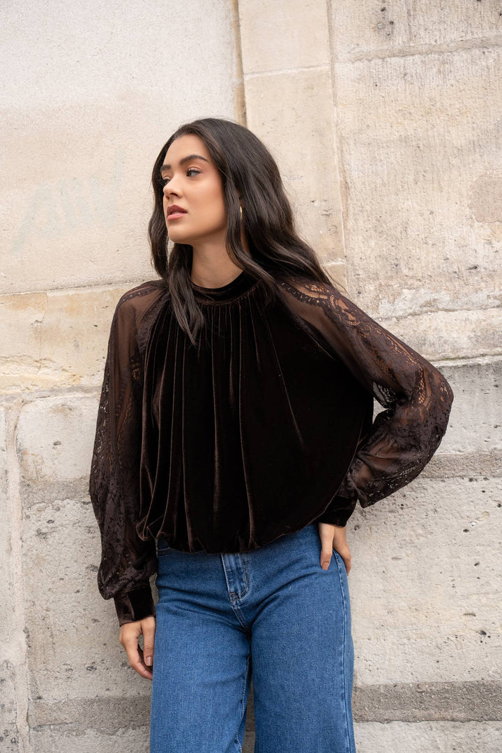 Two-material Velvet Blouse with Lace Sleeves