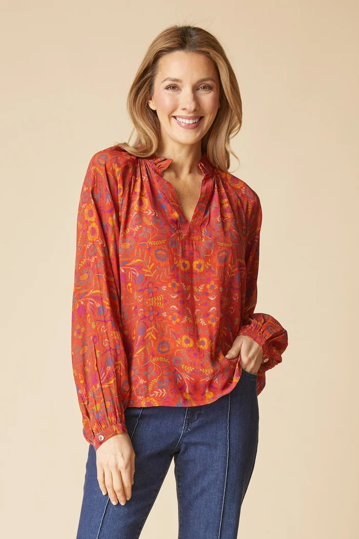 Rayon Crepe Garden Ruched Collar Shirt