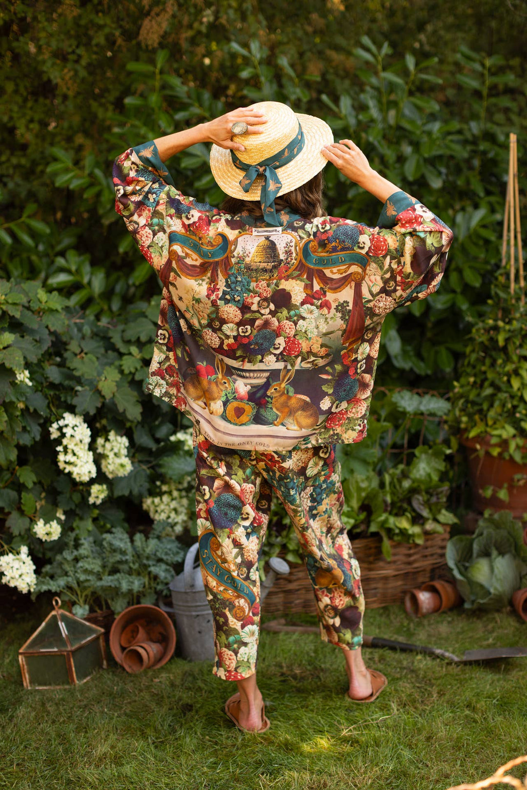 Stay Gold Pixie Duster Cropped Kimono w/ Rabbits and Bees
