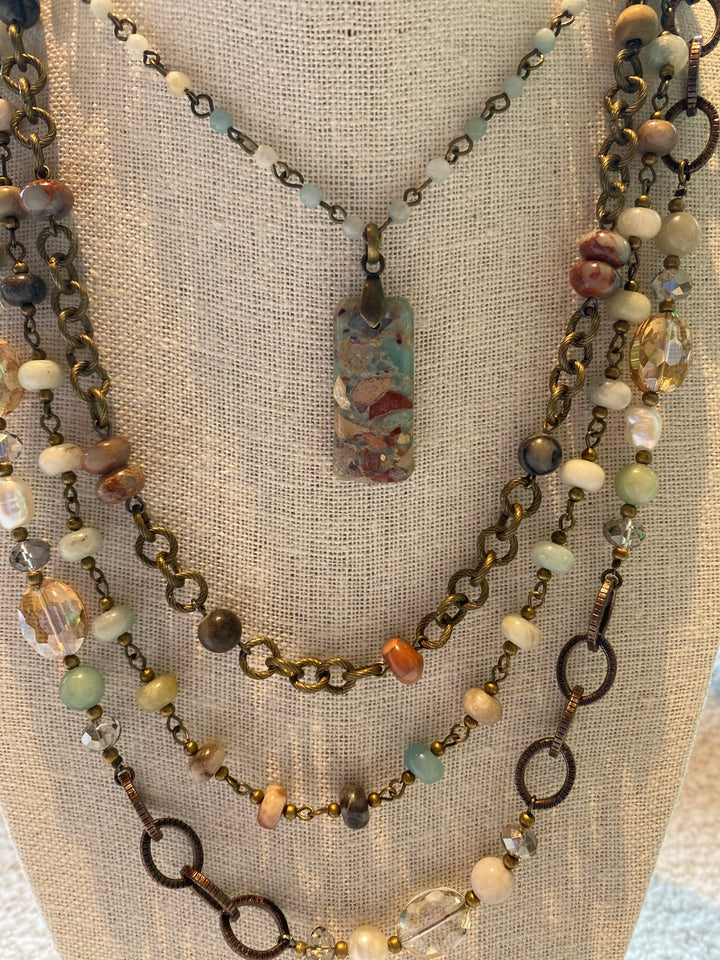 Four Tier Necklace Chain with Aqua and Opal