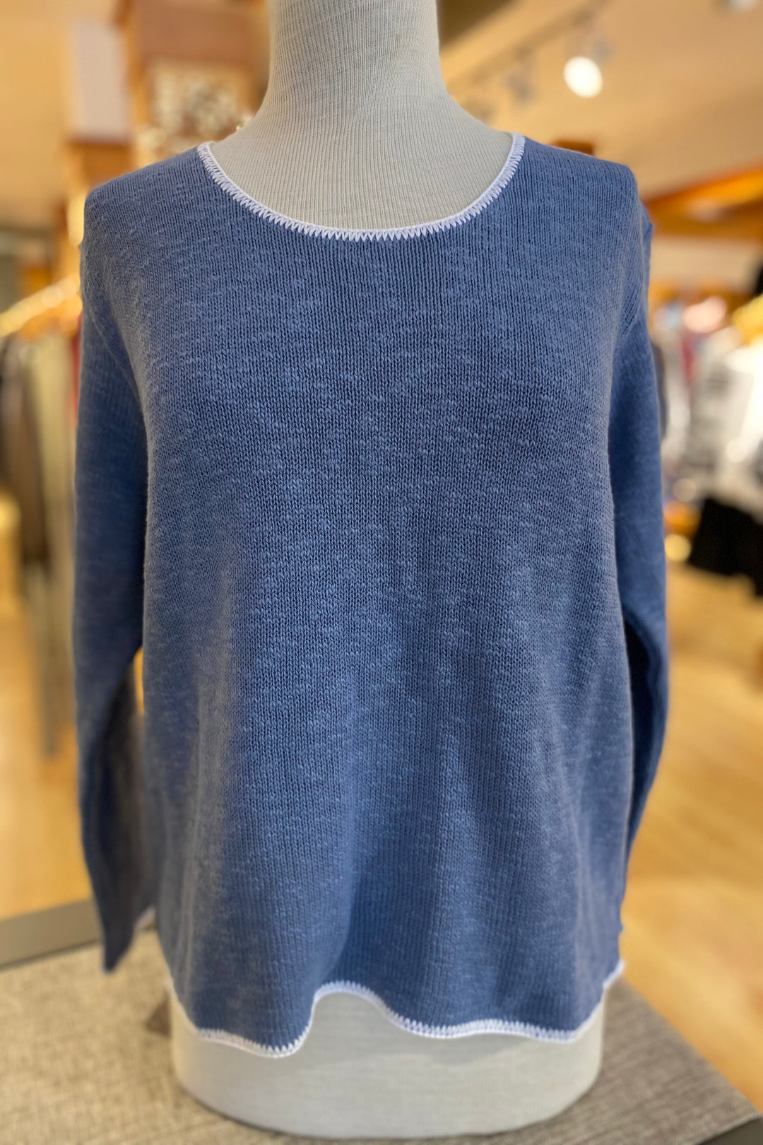 Crew Neck Cotton Sweater with Piping
