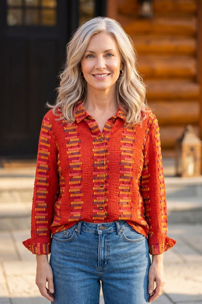 Embroidered Cotton Stripe Shaped Hem Shirt