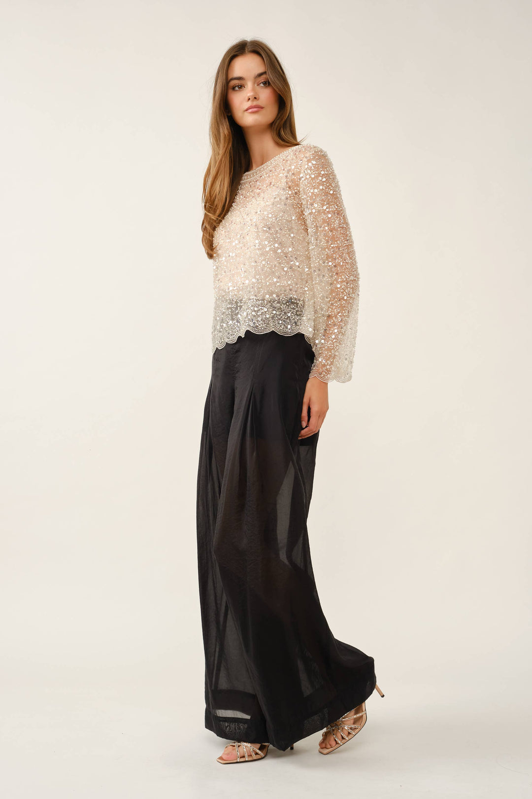 Fully Embellished Sequin & Pearl Scalloped Mesh Top